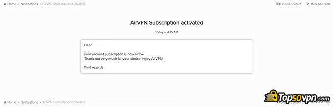 Avis AirVPN: confirmation d'abonnement.