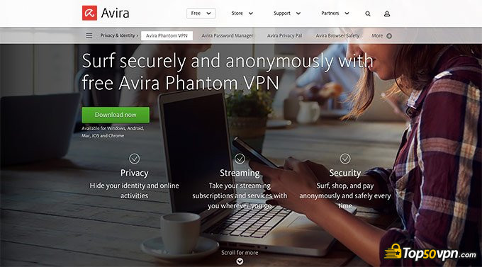 Avis Avira Phantom VPN : Page d'accueil